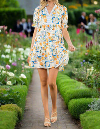 Thml - Citrus Tile Print Puff Sleeve Mini Dress