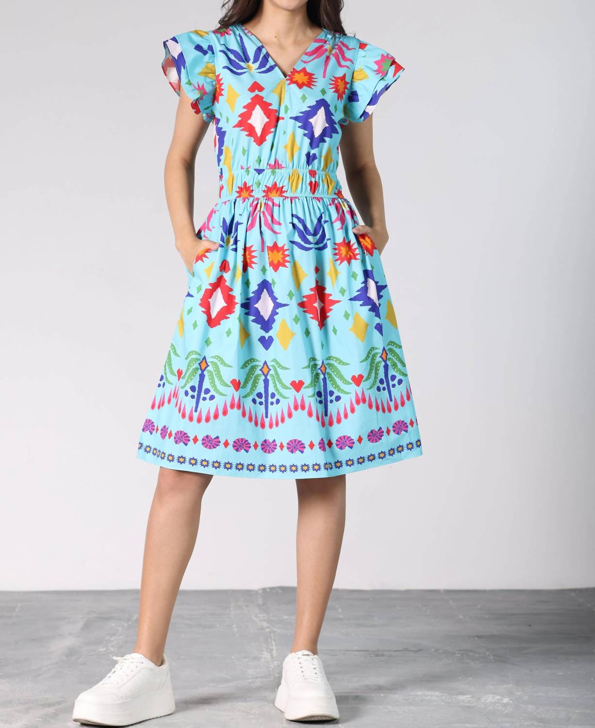 maude vivante Arianna V-neck Dress in aqua ikat - women's dress