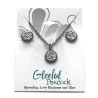 Gleeful Peacock - Women's Druzy Bezel Pendant Necklace & Stud Earring Set