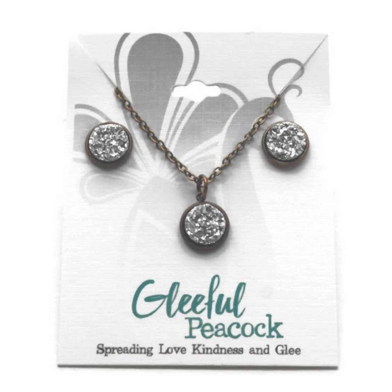 Gleeful Peacock - Women's Druzy Bezel Pendant Necklace & Stud Earring Set