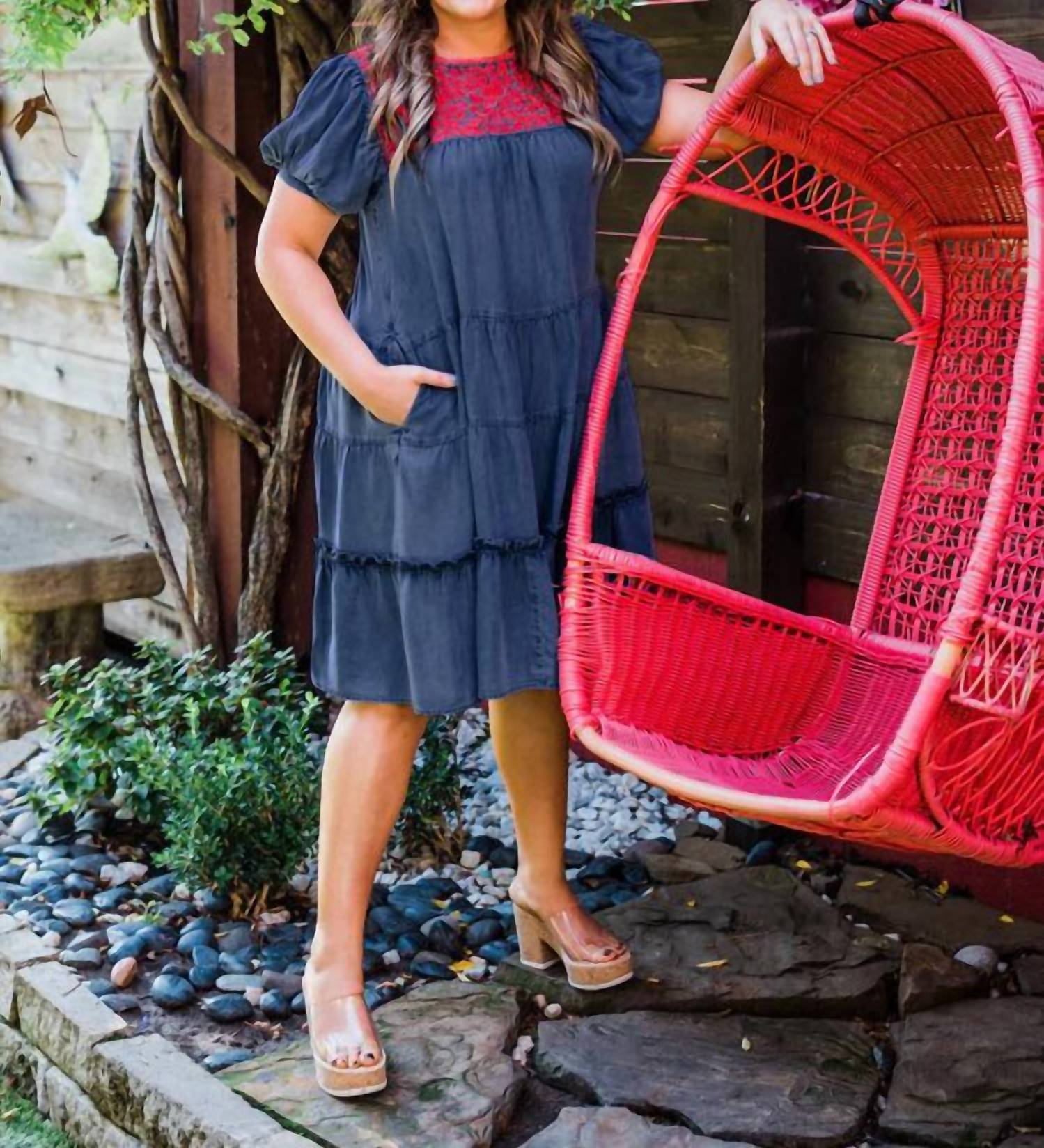 Layerz Clothing - Embroidered Tiered Denim Dress