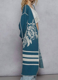 POL Long Floral Wrap Cardigan With Belt in blue - women's cardigan - alternate view