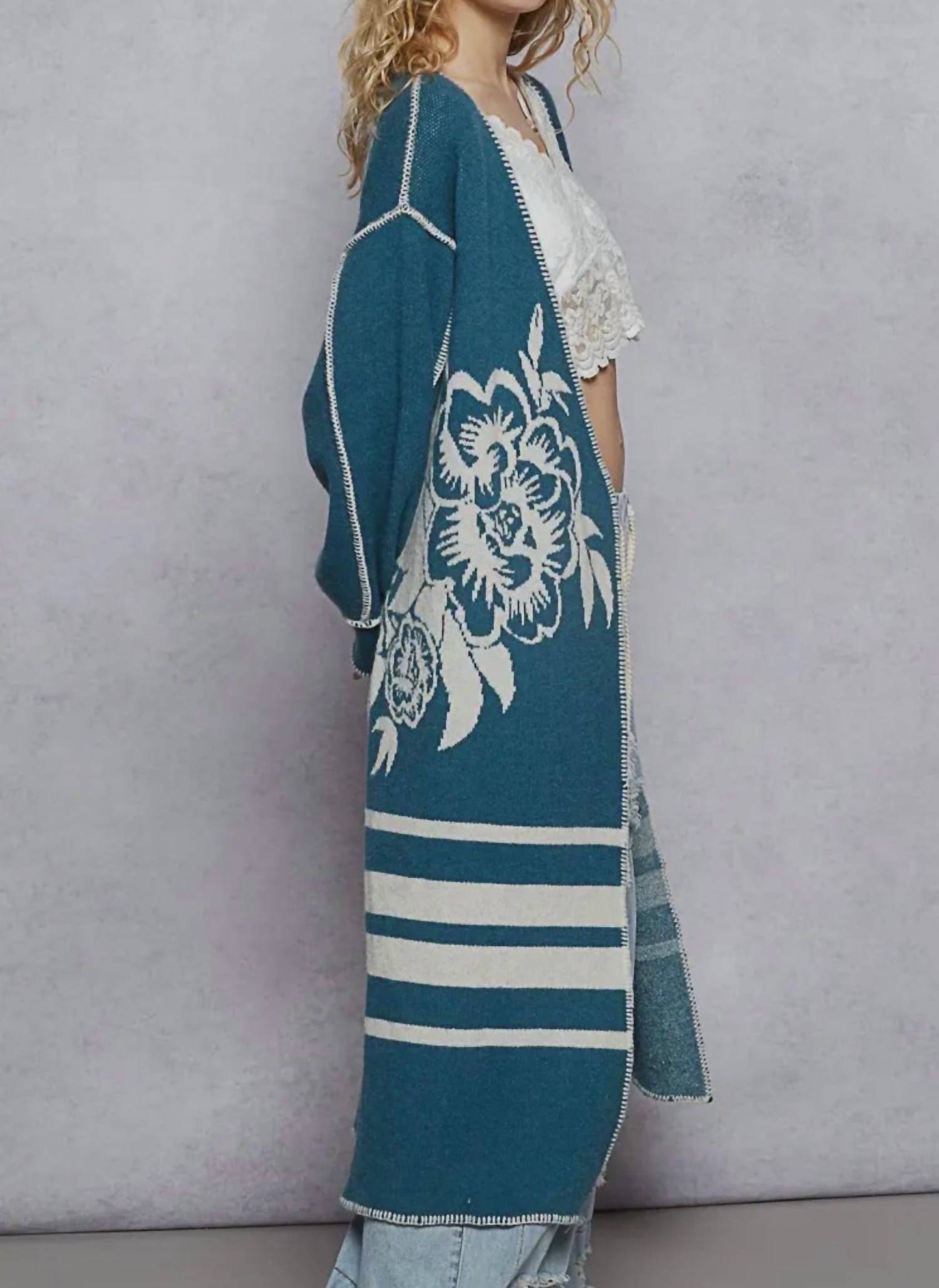 POL Long Floral Wrap Cardigan With Belt in blue - women's cardigan - alternate view
