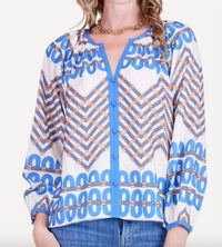 Jade Trimmed Peasant Top in retro link - women's blouse - detail view