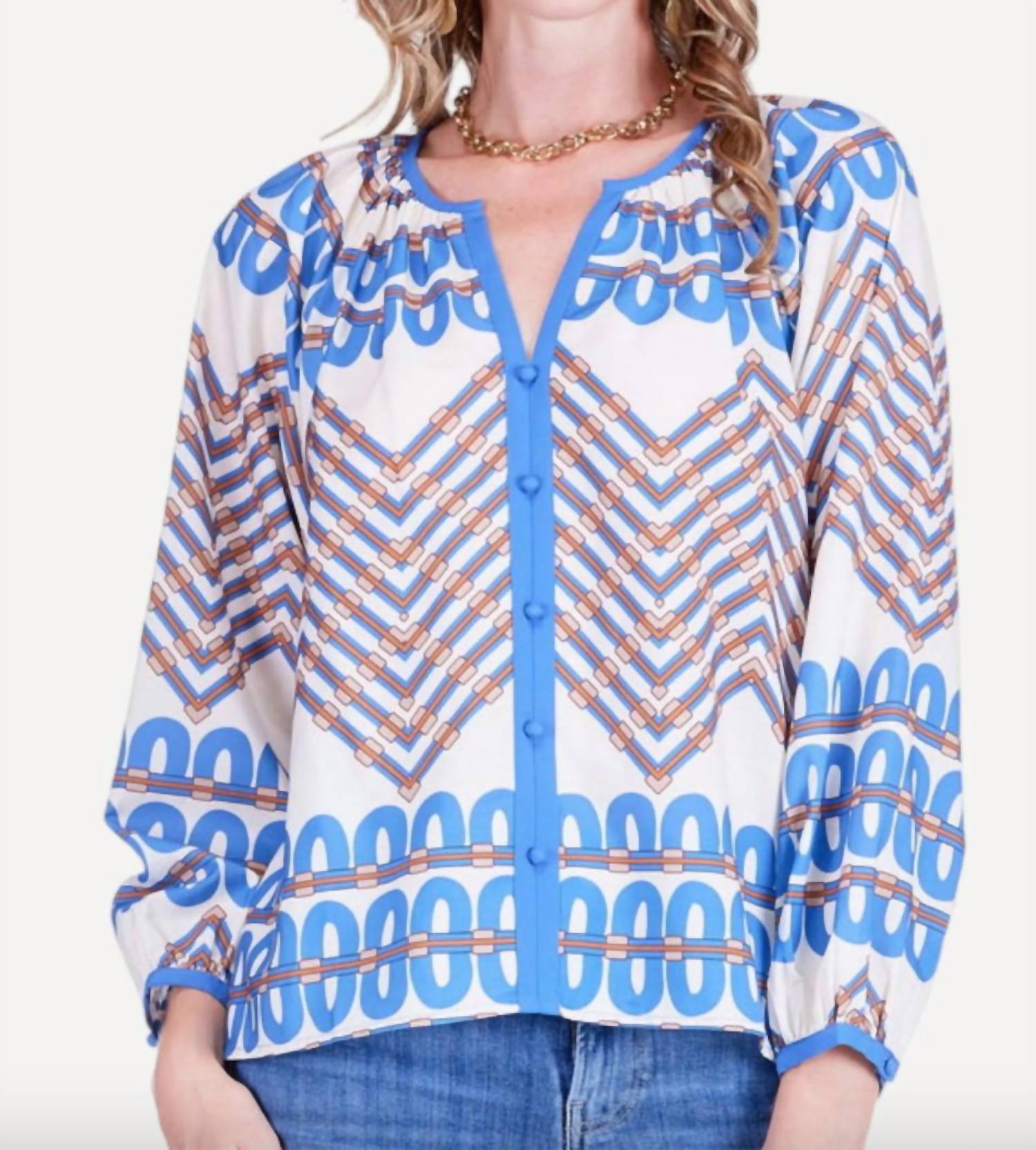 Jade Trimmed Peasant Top in retro link - women's blouse - detail view