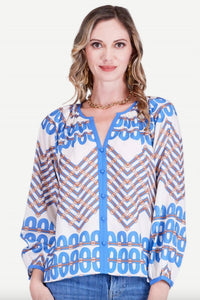 Jade Trimmed Peasant Top in retro link - women's blouse - alternate view