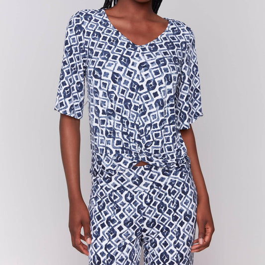 Charlie B - Twist Front Printed V Neck Top