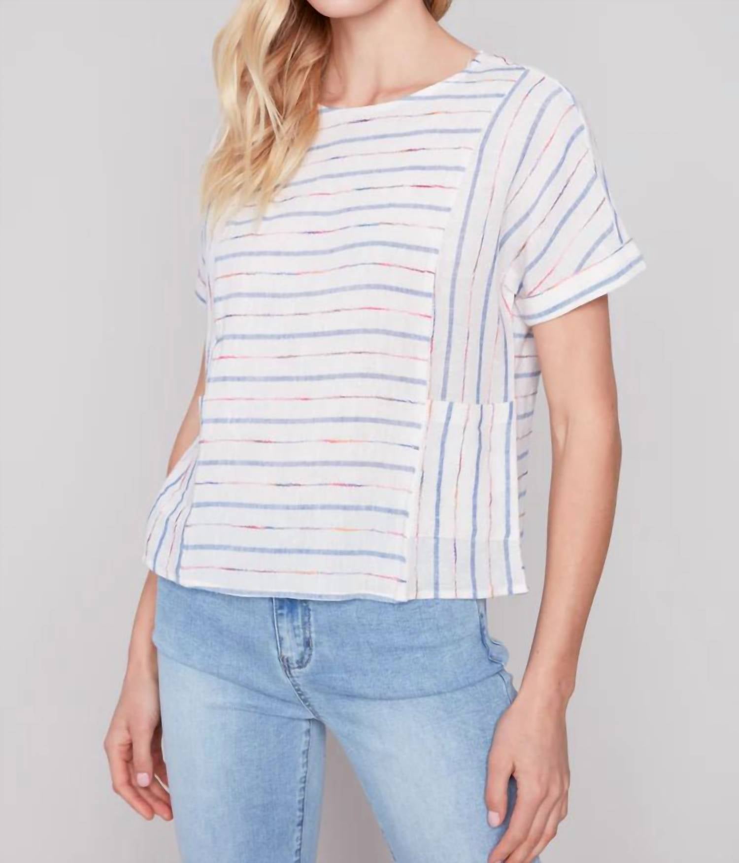 Charlie B - Yarn Dyed Embroidered Stripe Boxy Top With Pockets