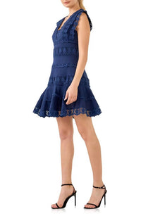 Endless Rose - Navy Plunging Neck Lace Trim Dress