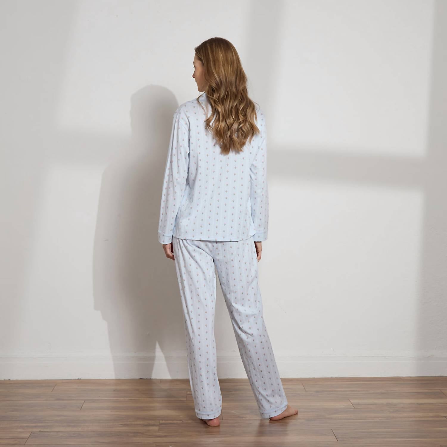 The Sleep Code Women's Printed Organic Pima Cotton Long Pj Set in blue bud stripe - women's item - detail view