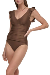 Dkny - Plunge Neck Ruffle One-piece
