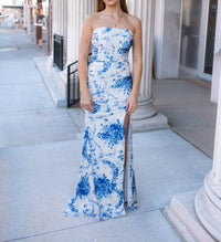 Sherri Hill Women's Fitted Floral Dress in ivory blue print - women's dress - alternate view