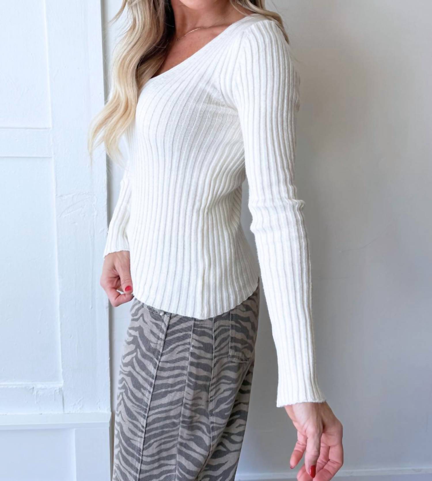 mystree Plunging V Neck Sweater Top in ivory - women's sweater - view 4