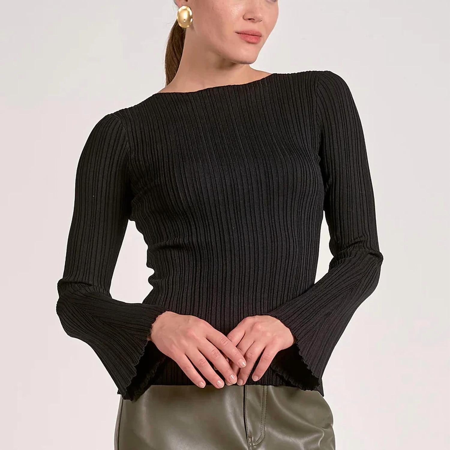 ELAN Ribbed Long Sleeve Top in black - women's long sleeve top