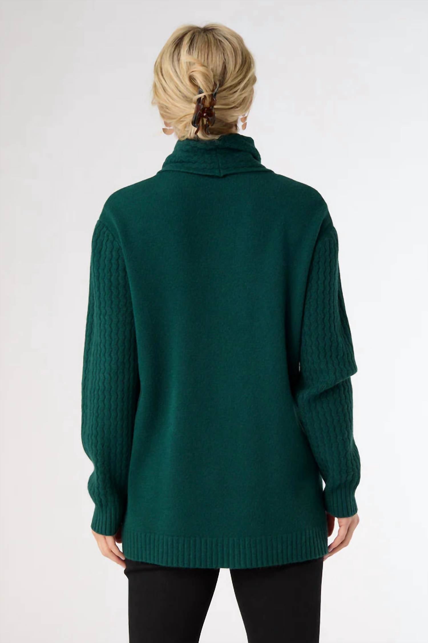 COCO + CARMEN Heavenly-luxe Cowl Neck Cable Sweater With Pockets in teal - women's sweater - detail view
