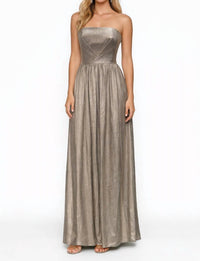 DRESS THE POPULATION Corset Strapless Boning Long Gown in gold - women's dress