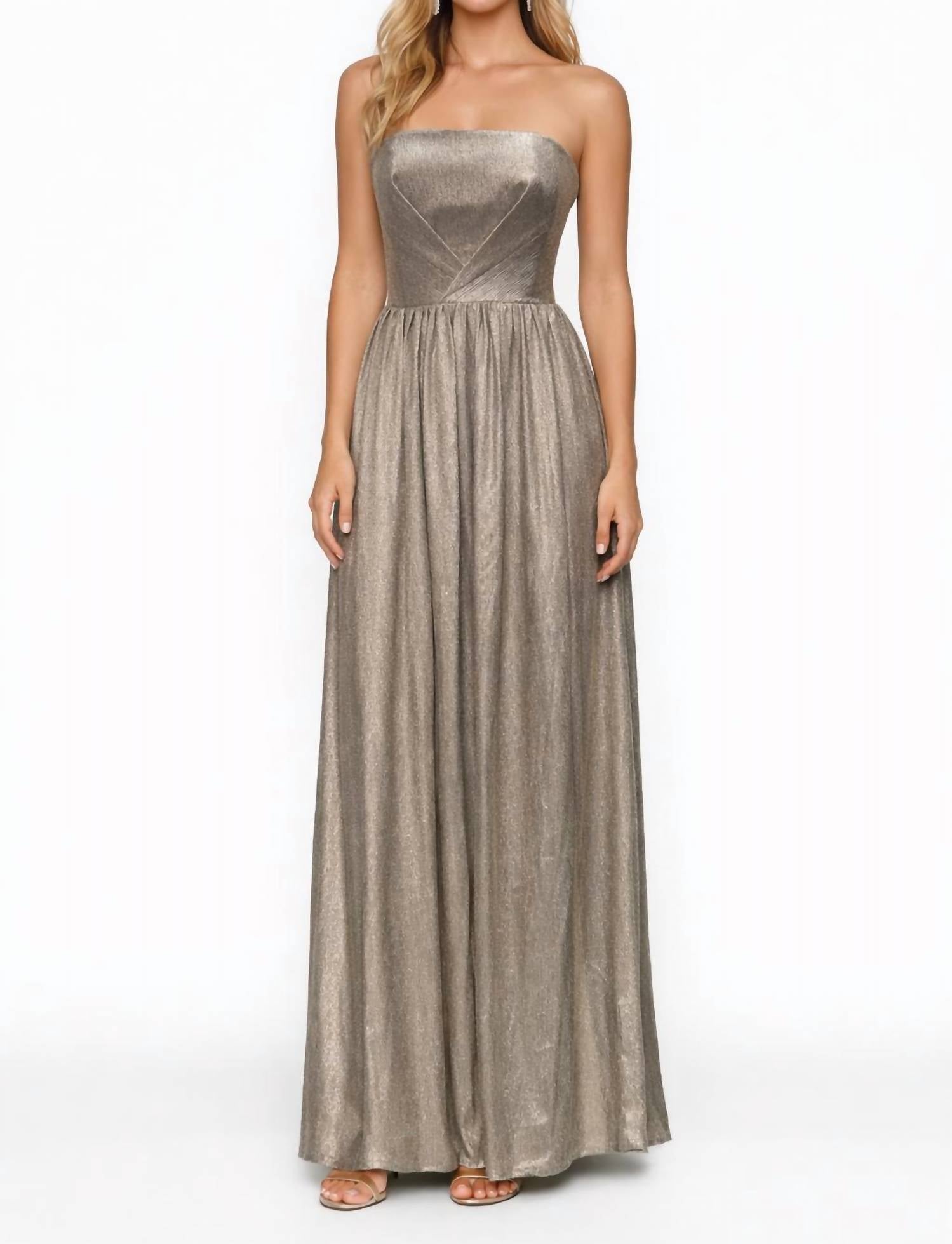 DRESS THE POPULATION Corset Strapless Boning Long Gown in gold - women's dress