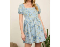 Blu Pepper - Floral Puff Sleeve Denim Dress