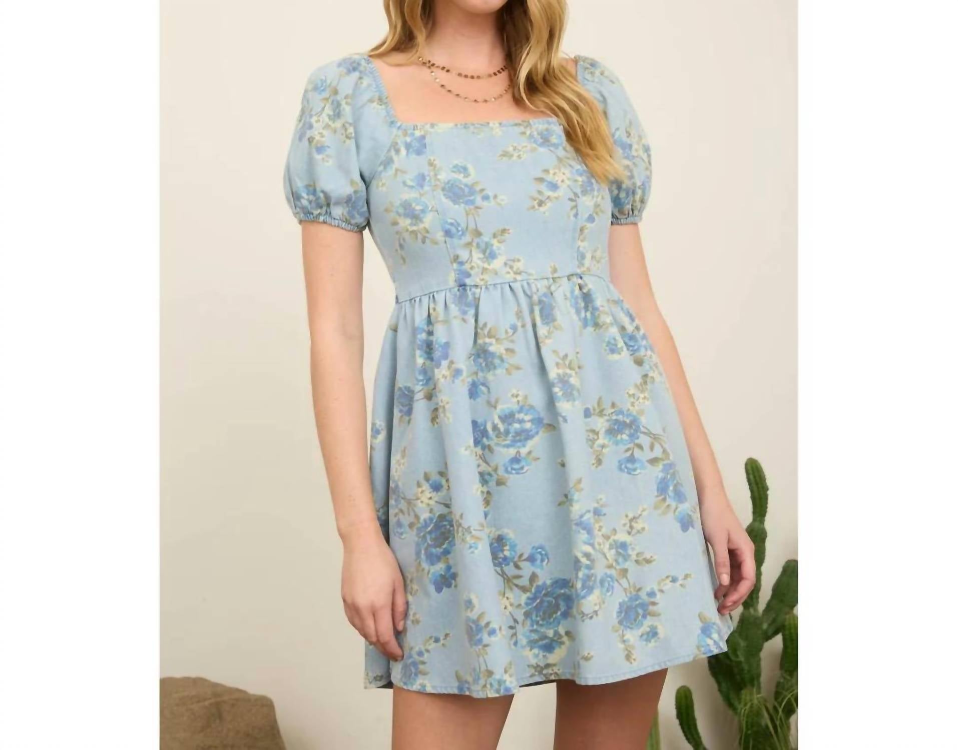 Blu Pepper - Floral Puff Sleeve Denim Dress
