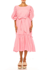 Vivid - Short Puff Sleeve Belted Tiered Skirt Dress