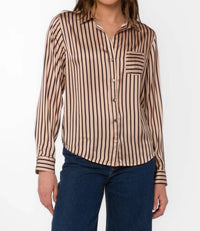 Velvet Heart Jasmine Long Sleeve Button Up Shirt in soft blush navy stripes - women's shirt
