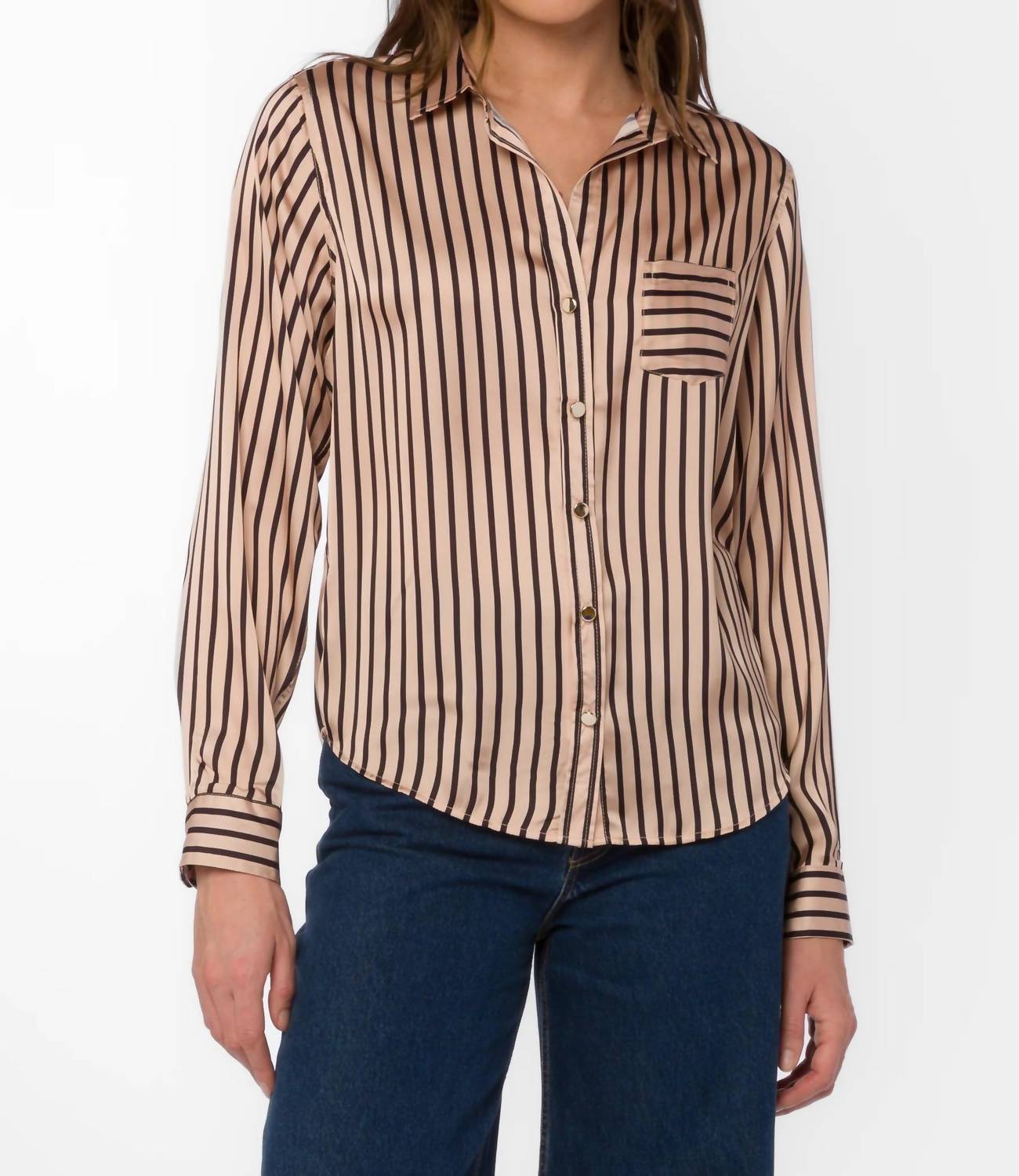 Velvet Heart Jasmine Long Sleeve Button Up Shirt in soft blush navy stripes - women's shirt