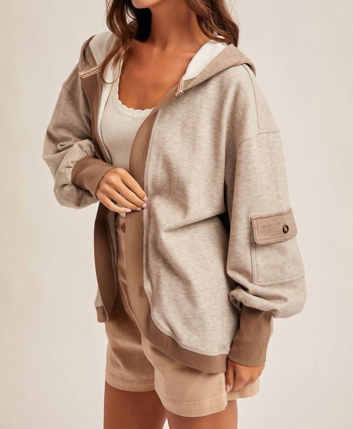 Hem & Thread Cozy Cargo Cardigan in mocha - women's cardigan - alternate view