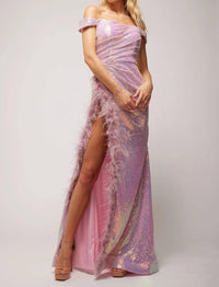 Vienna Prom - High Slit Feathers Off-the-shoulder Long Party Dress