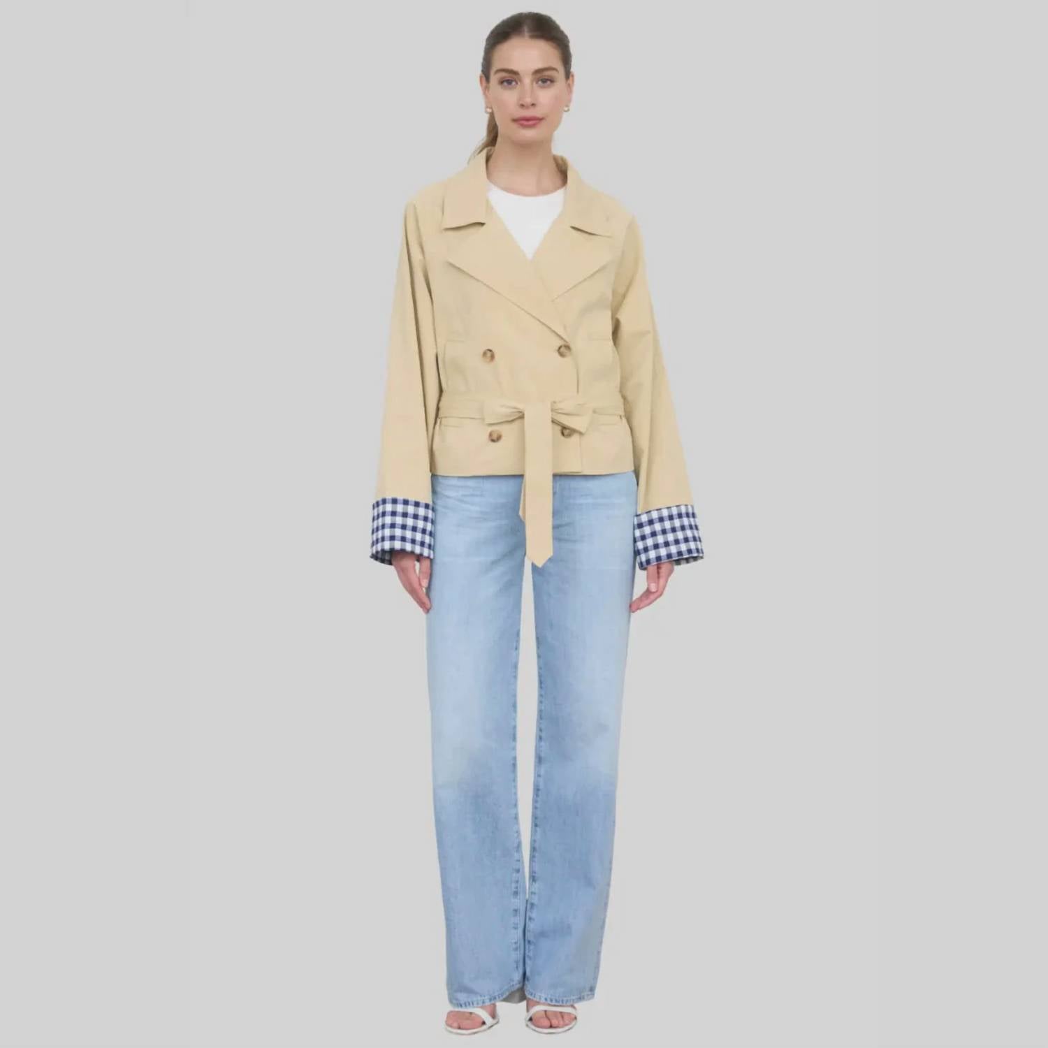 Zoe And Claire - Gingham Cuff Short Trench Coat