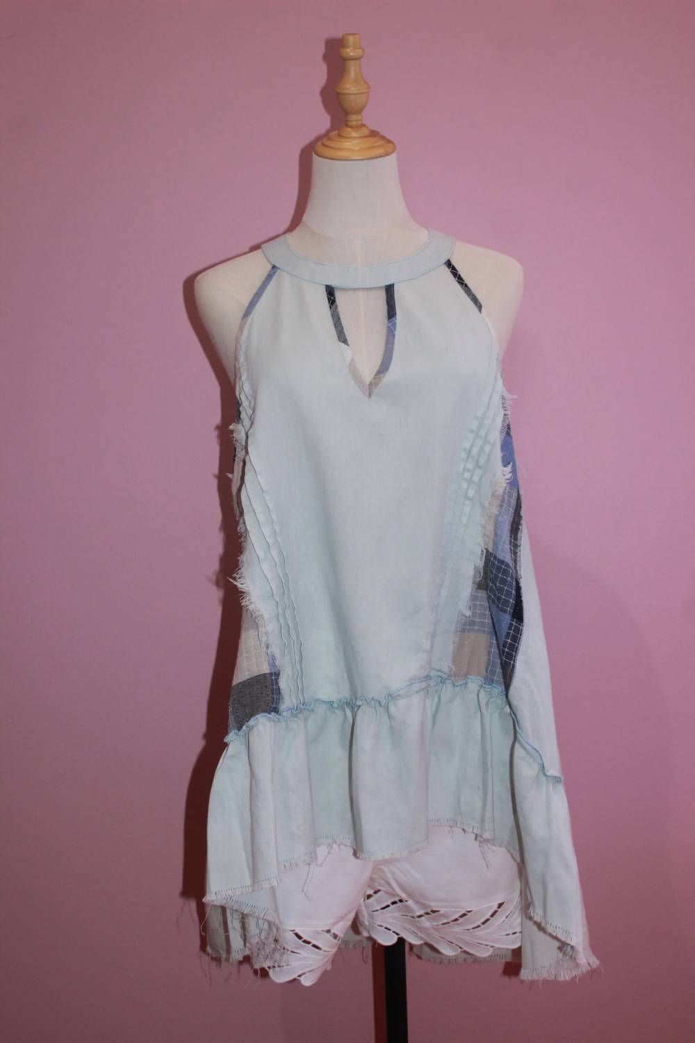 POL Women's Patchwork High Neck Dress in blue denim - women's dress