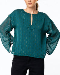 Ciebon - Metallic Shirred Long Sleeve Blouse