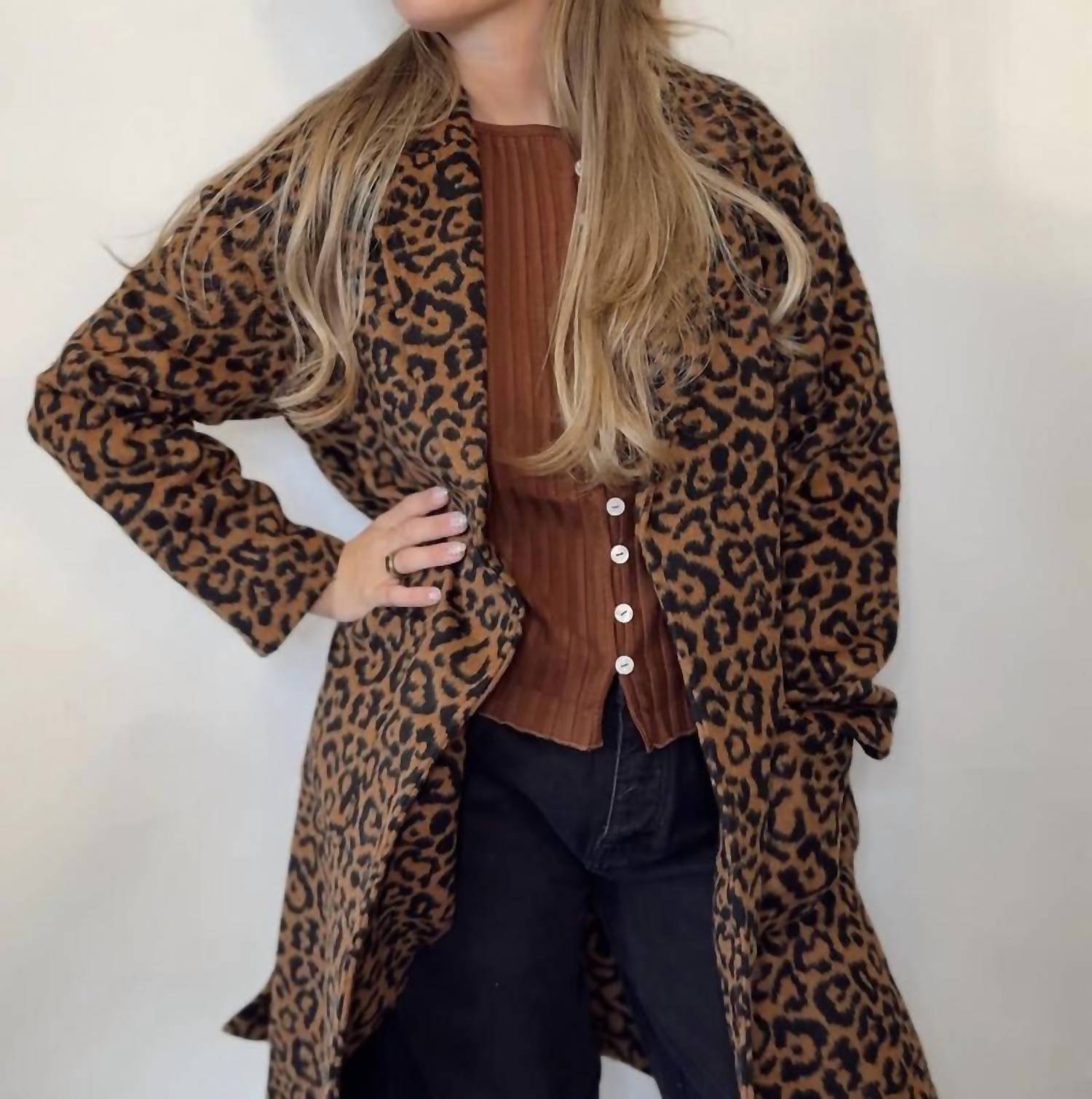 Sadie & Sage Animal Instinct Leopard Coat in brown black - women's jacket - detail view