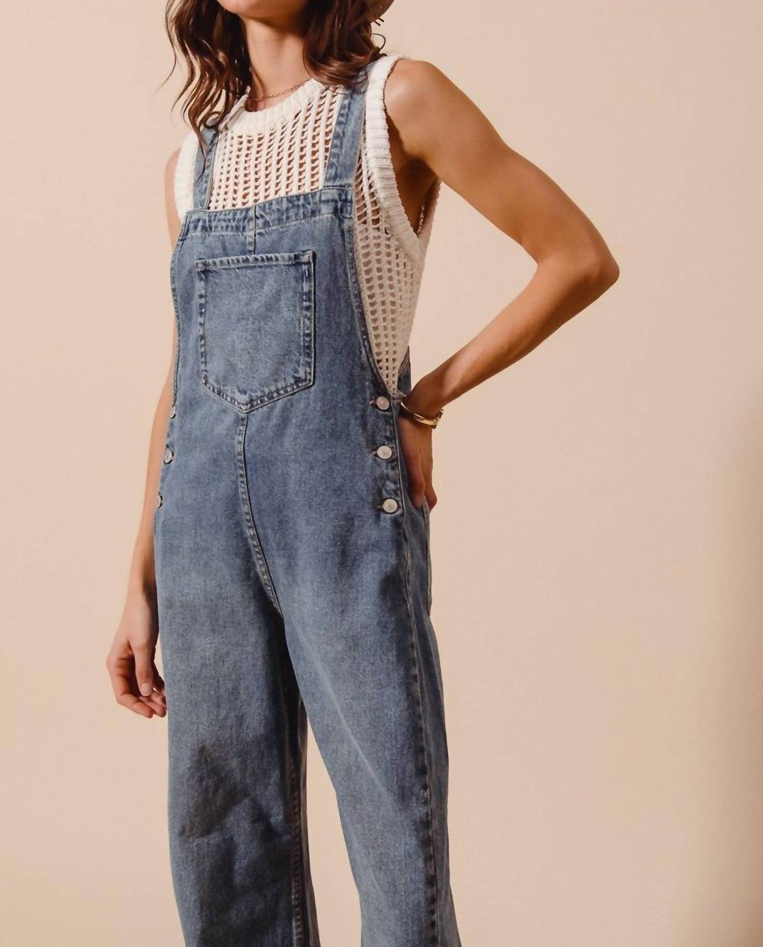 So Me - Women's Washed Denim Wide Leg Overall