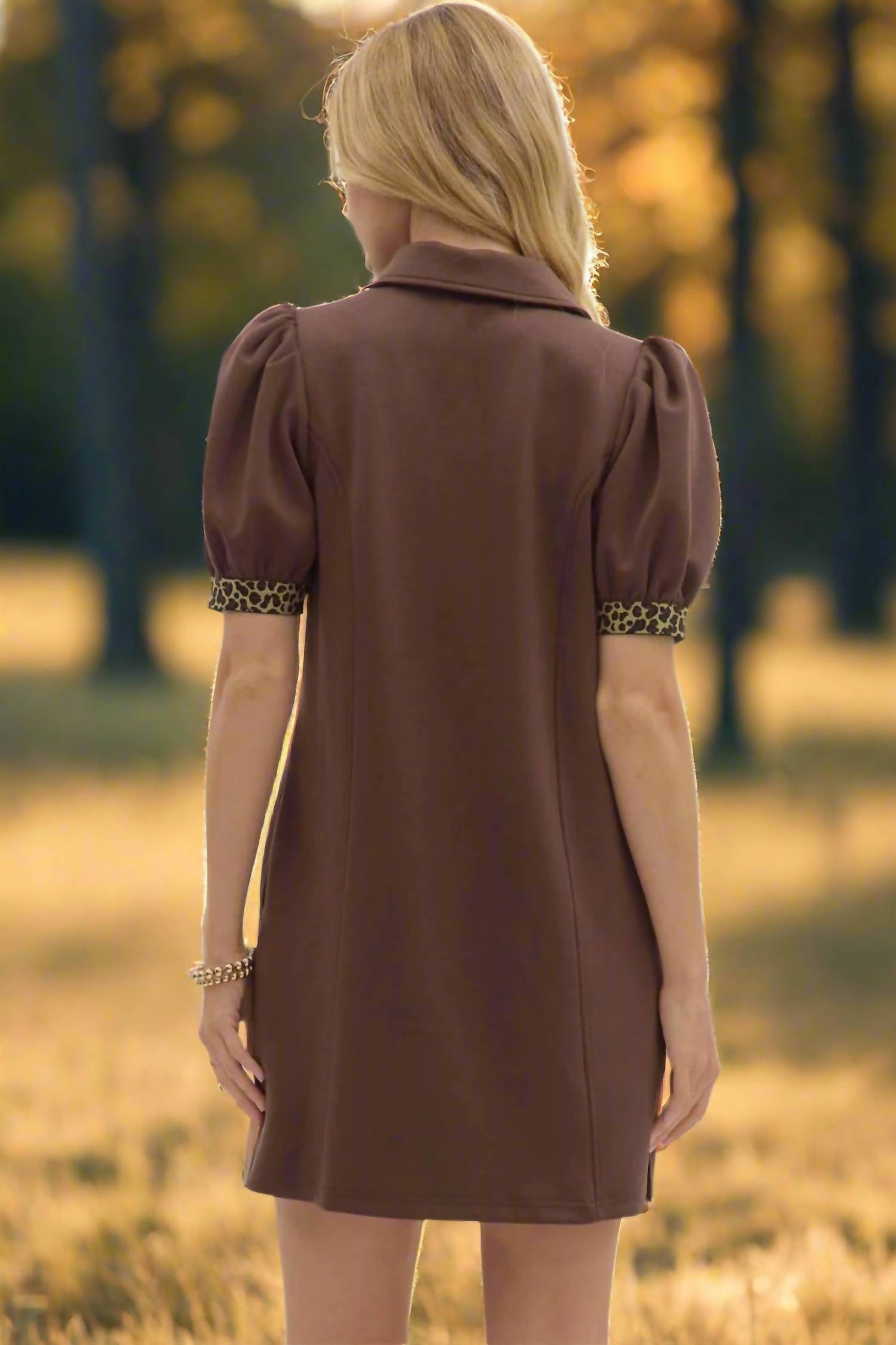 Entro - Puff Sleeve Mini Dress With Leopard Trim