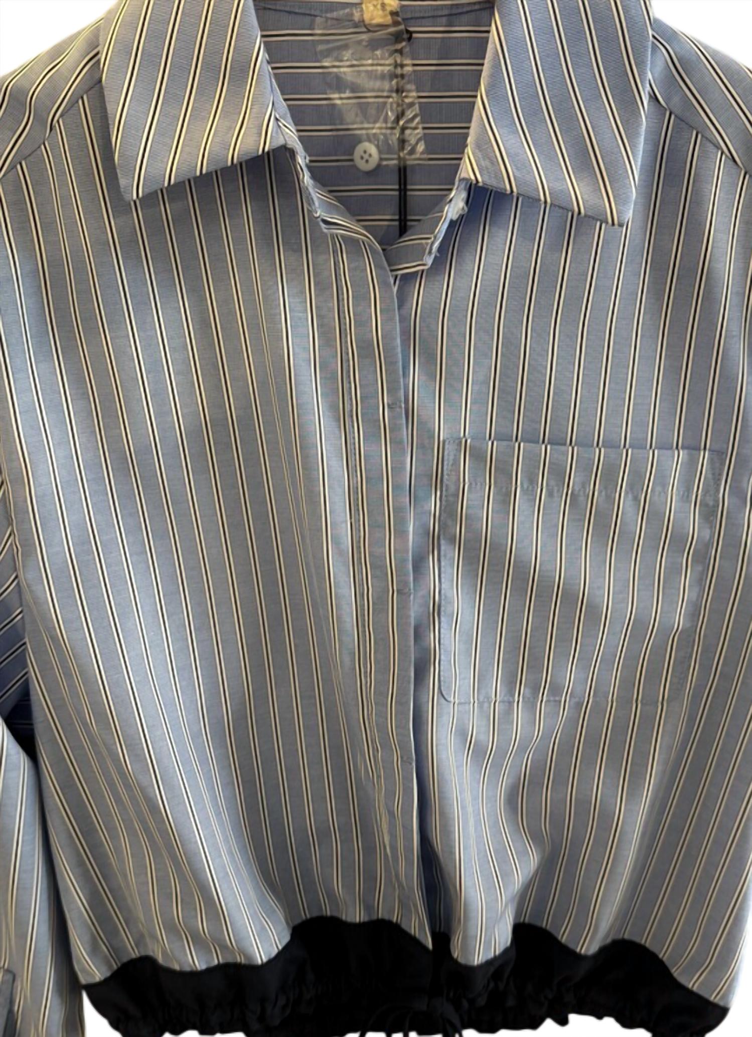 ELAN Women's Button Down Tie At Waist Top in blue stripe - women's shirt - detail view