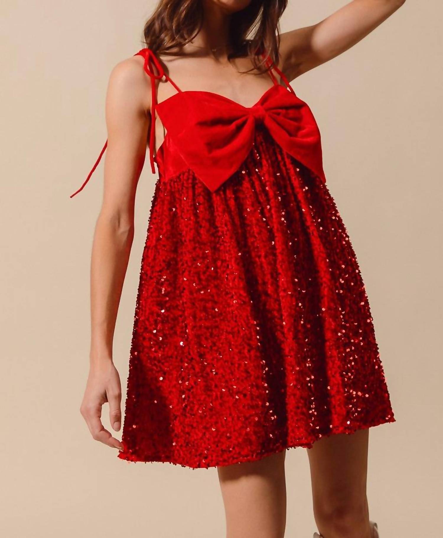 So Me Vicky Velvet Sequin Babydoll Holiday Mini Dress in red - women's dress