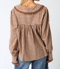 Olivaceous - Lace Trimmed Gingham Button Down Shirt