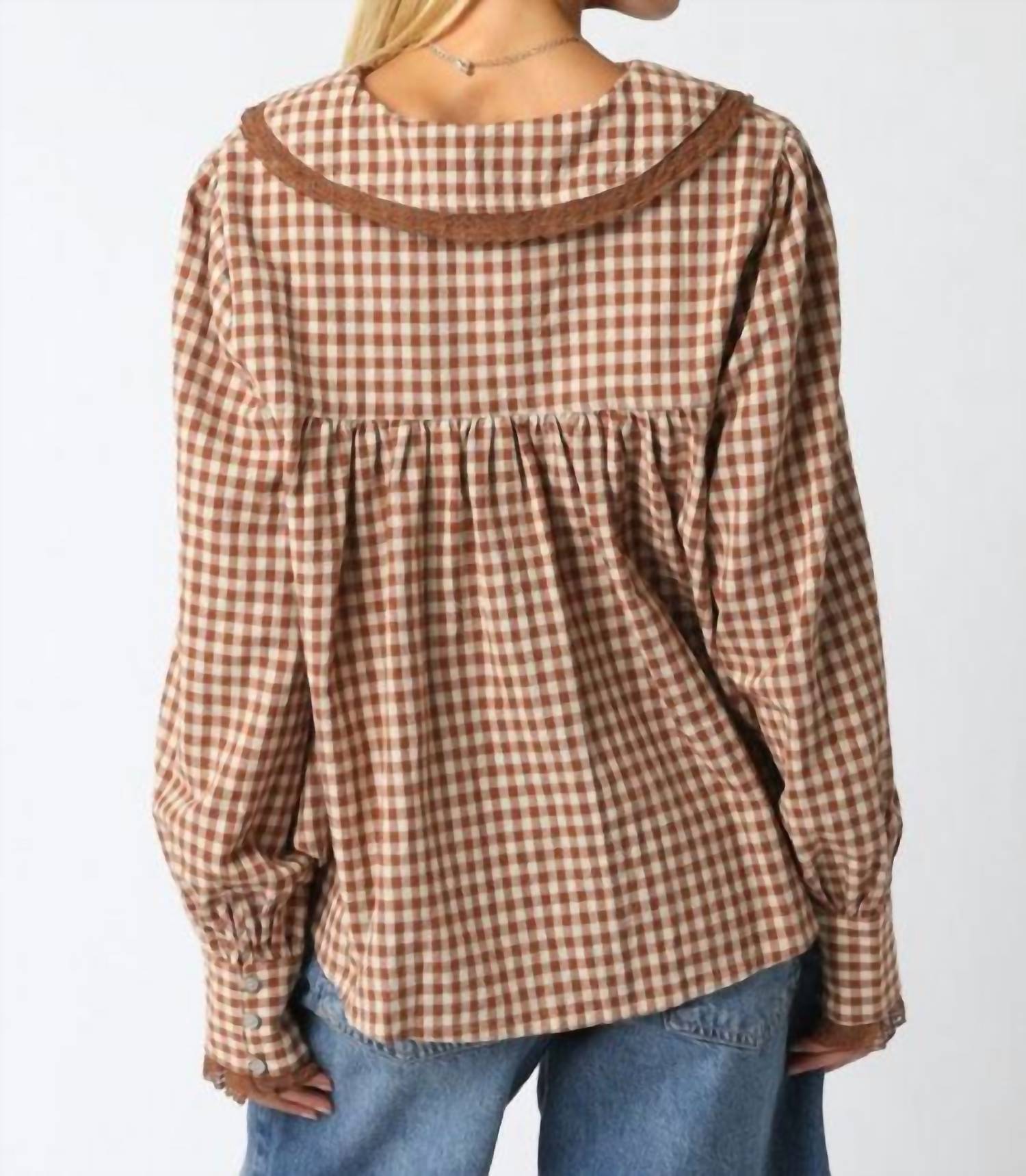 Olivaceous - Lace Trimmed Gingham Button Down Shirt