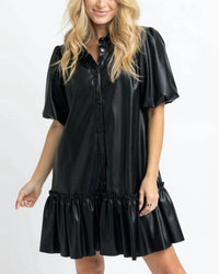 Karlie - Pleather Puff Sleeve Ruffle Dress