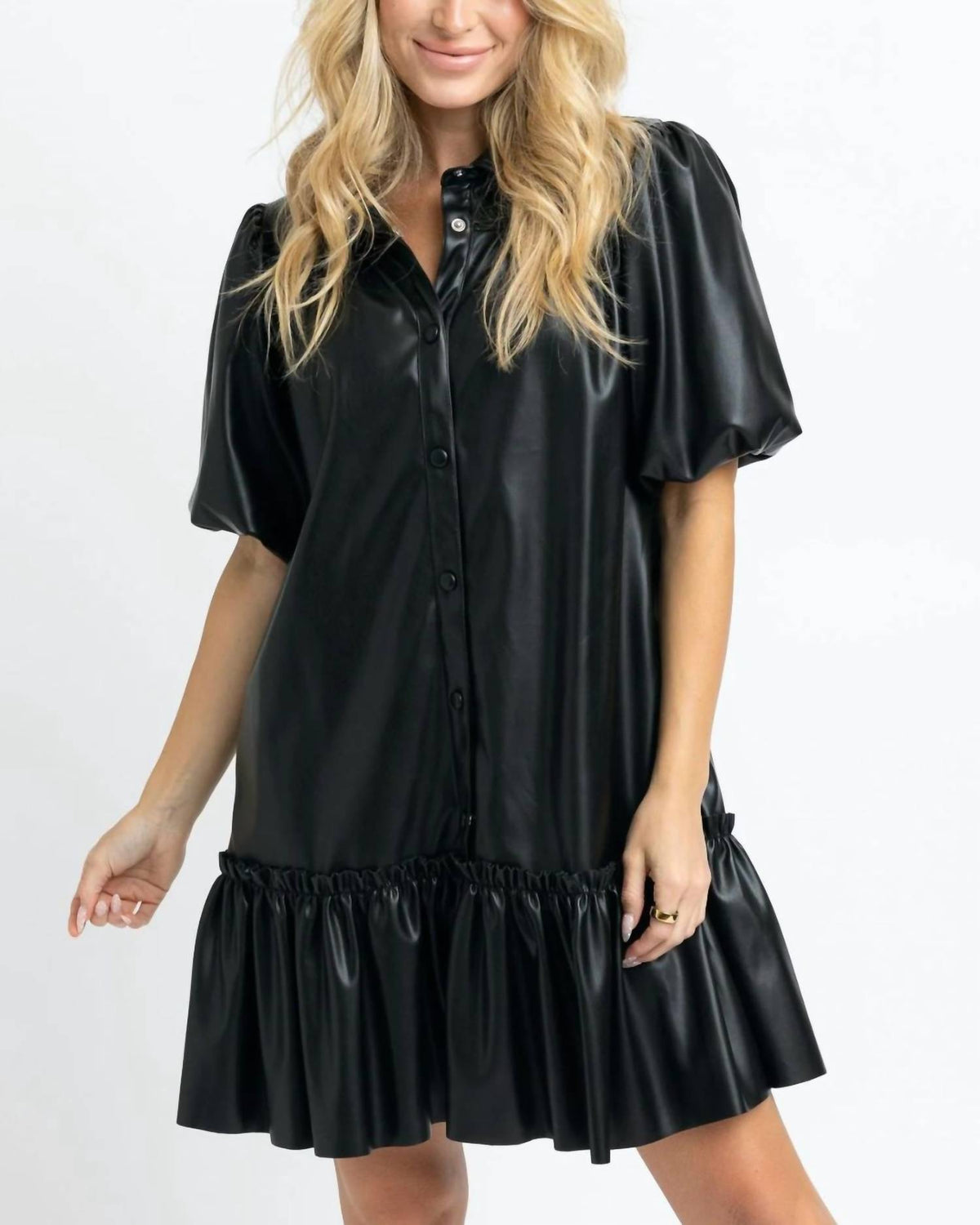 Karlie - Pleather Puff Sleeve Ruffle Dress