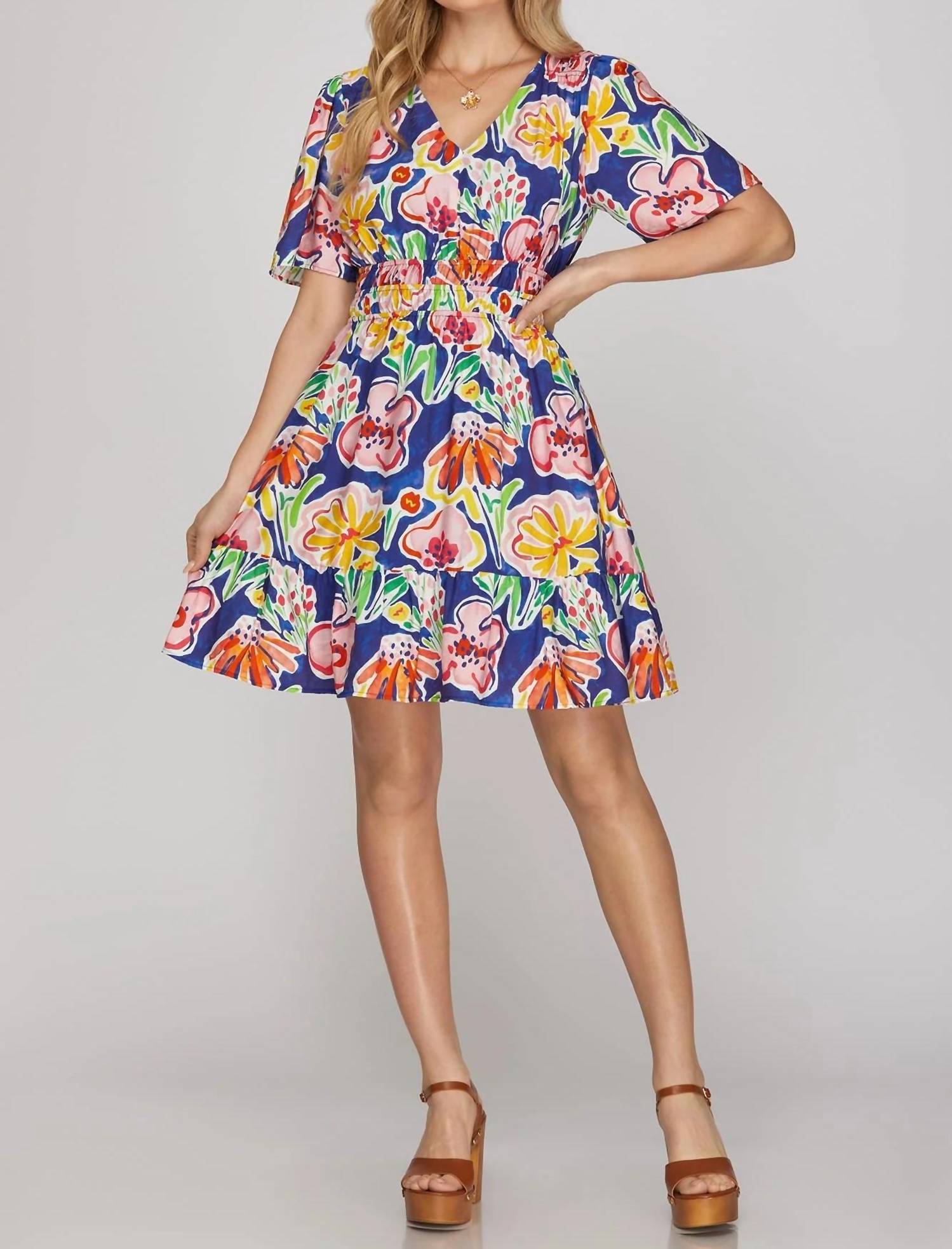 She + Sky - Short Sleeve V-Neck Floral Print Dress