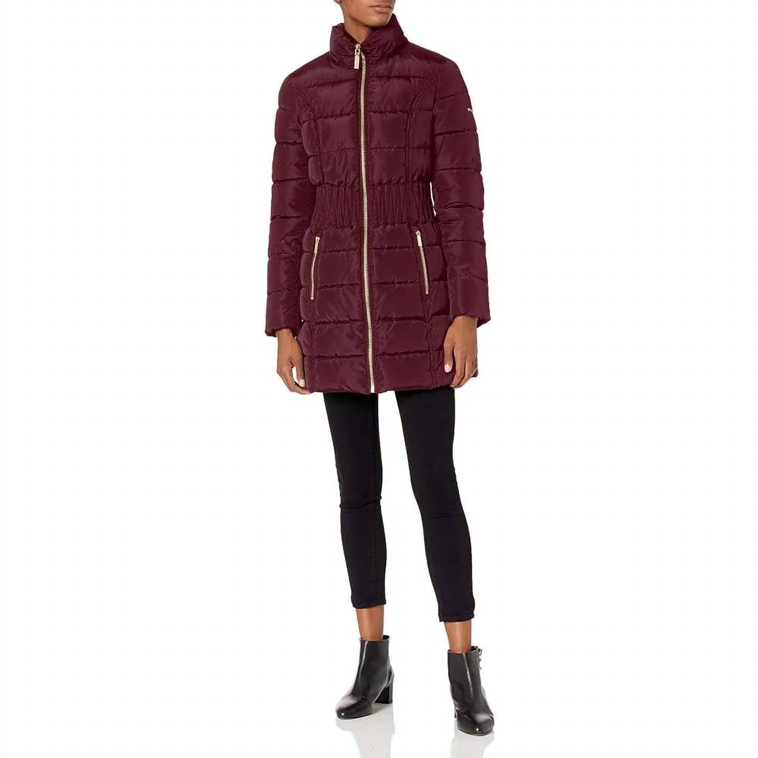 3/4 Puffer Zig Zag Cinched Waist Faux Fur Trim Hood Jacket