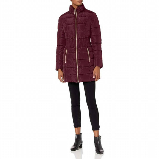 3/4 Puffer Zig Zag Cinched Waist Faux Fur Trim Hood Jacket