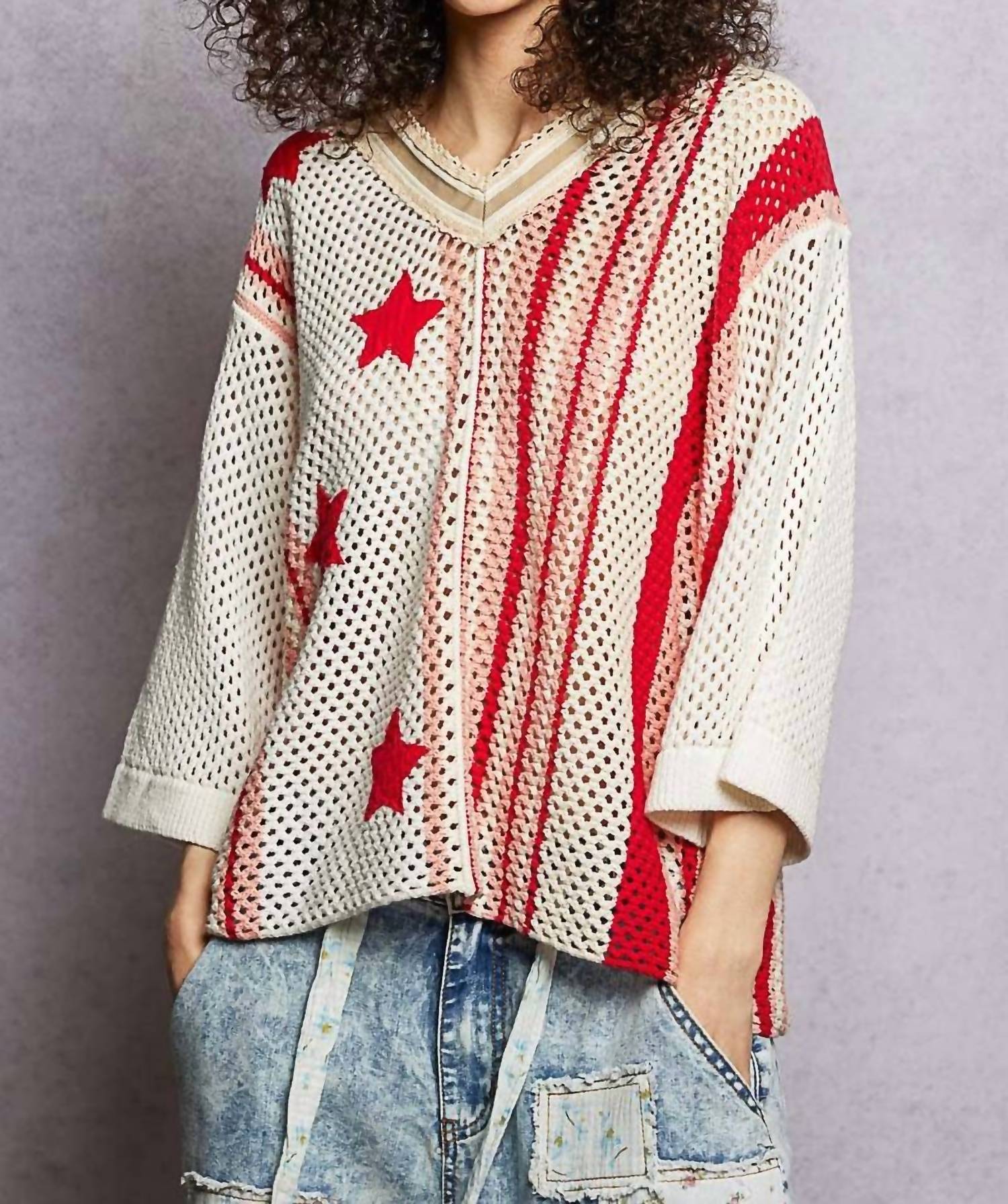 Pol - V-neck Half Sleeve Stripe Sweater Top