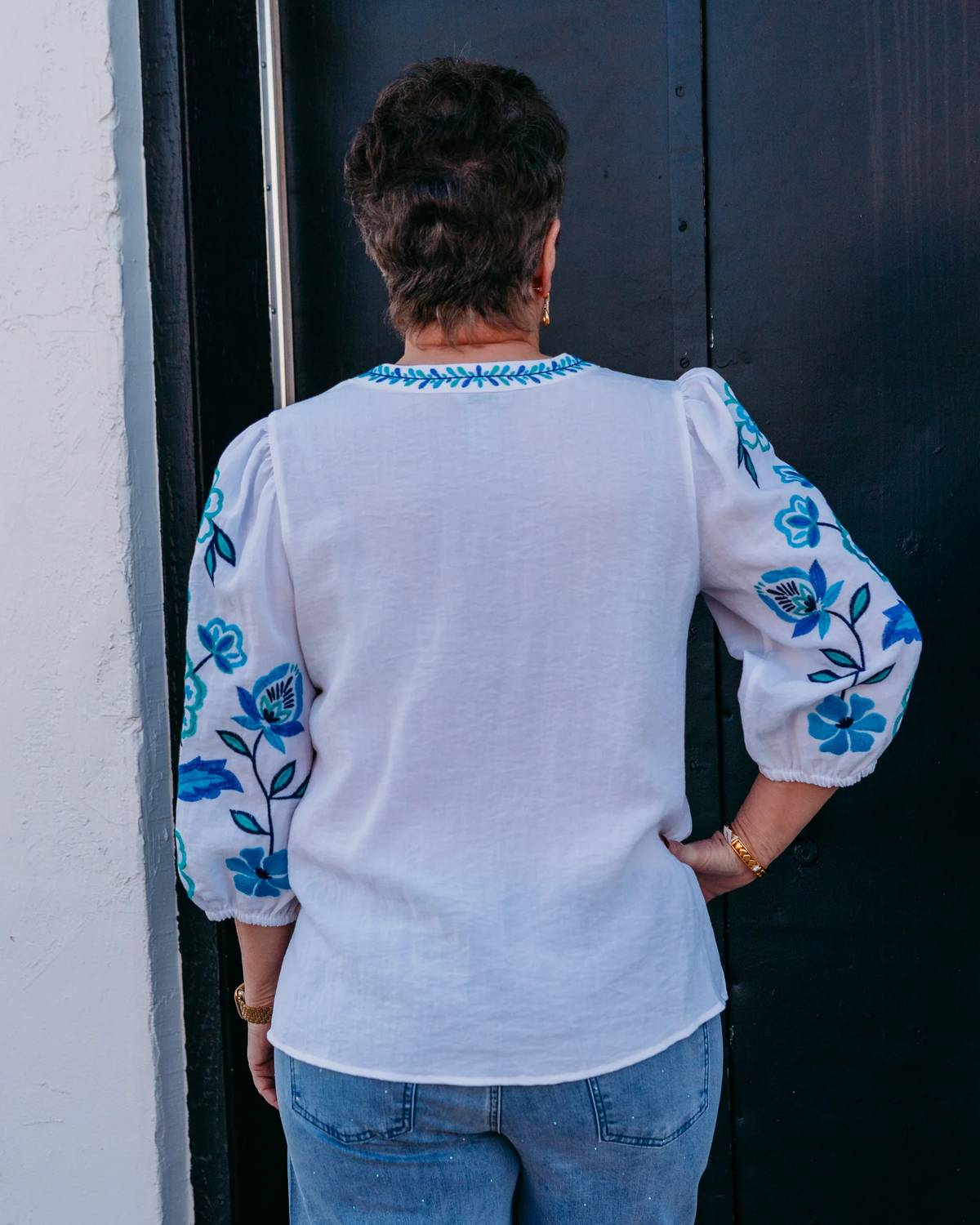 Multiples - 3/4 Puff Sleeve Embroidered Top