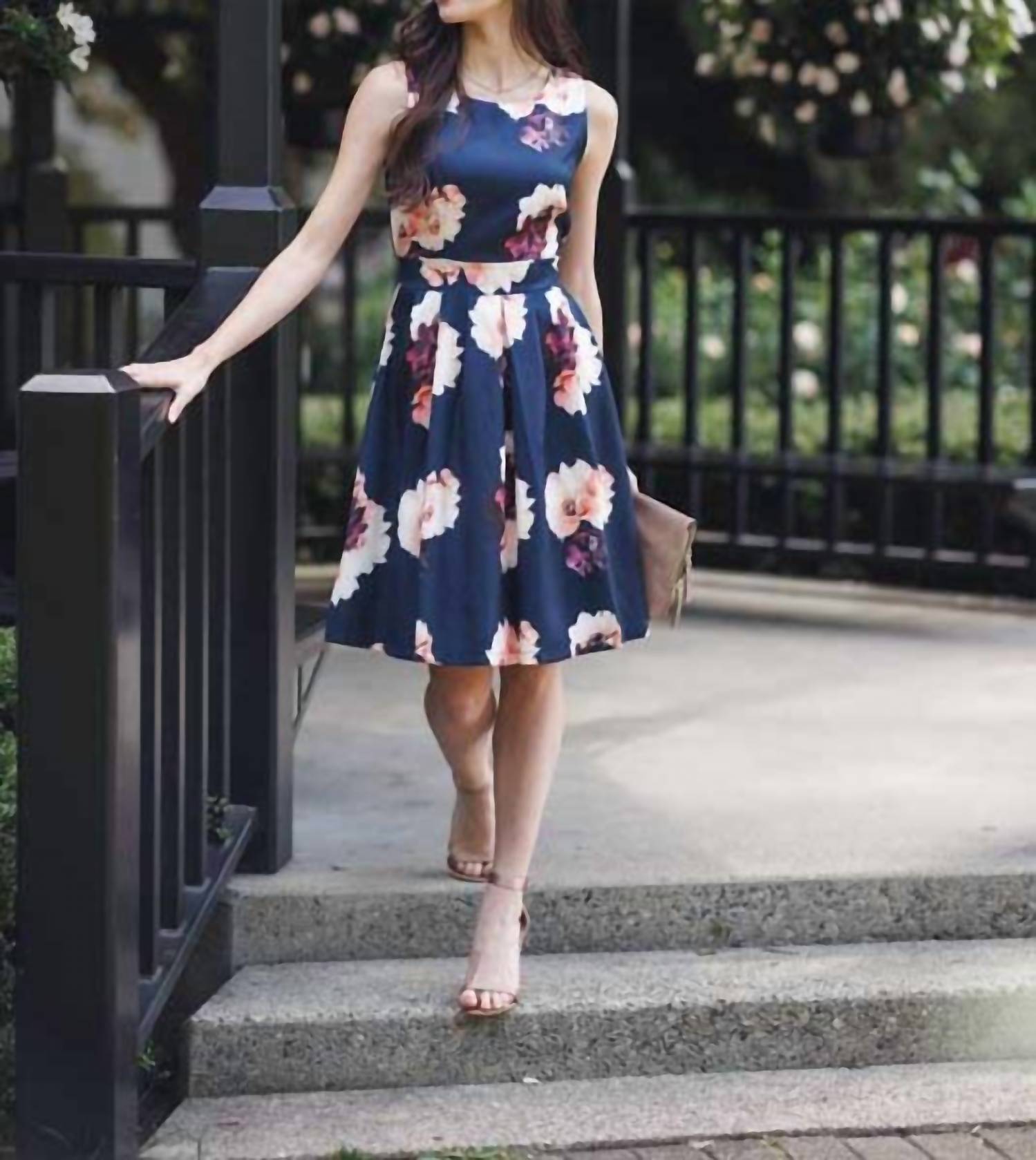 Papillon - Big Floral Print Sleeveless Dress With Box Pleat Skirt