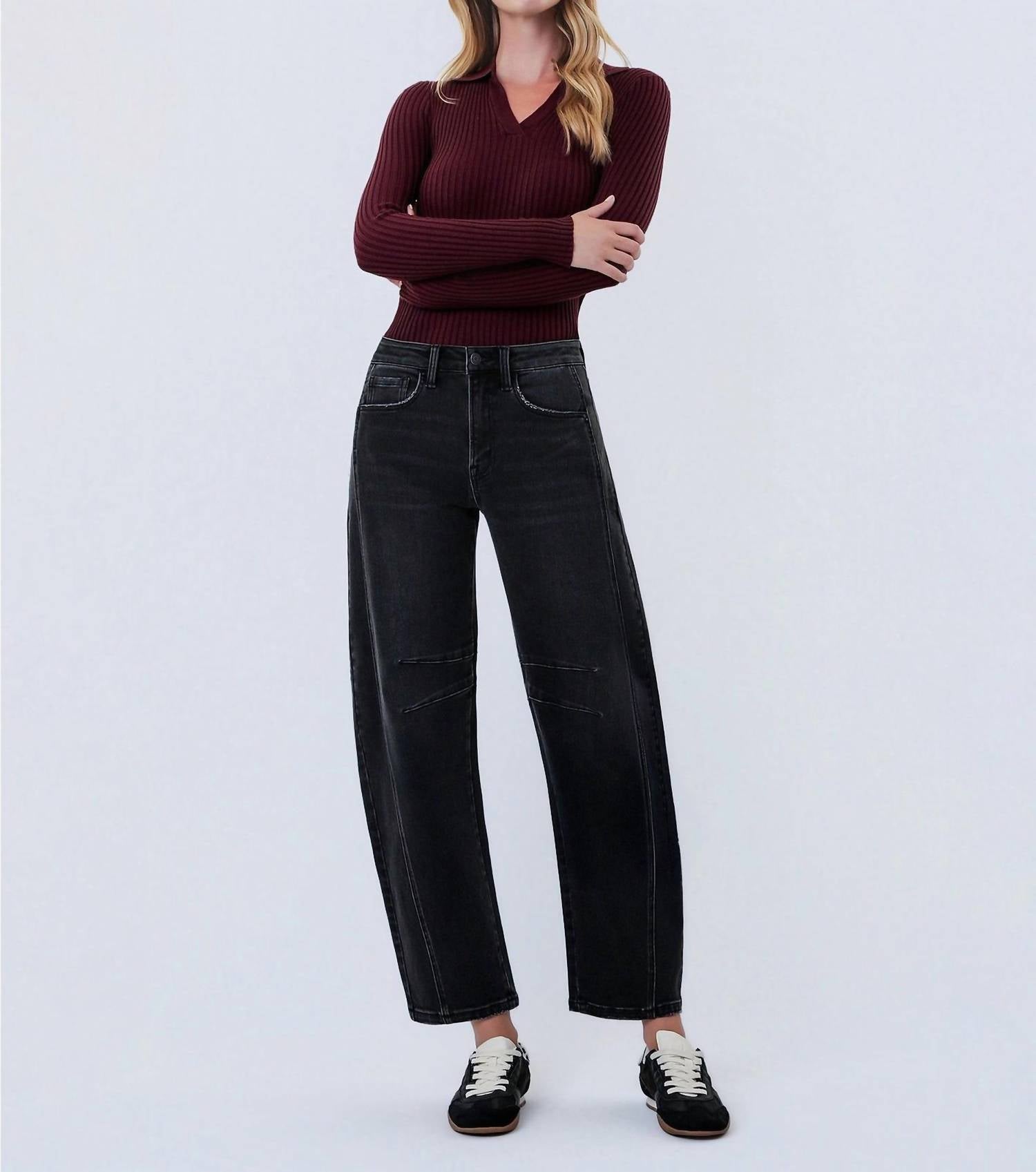 FLYING MONKEY High Rise Ankle Barrel Leg Jean in black - women's jeans
