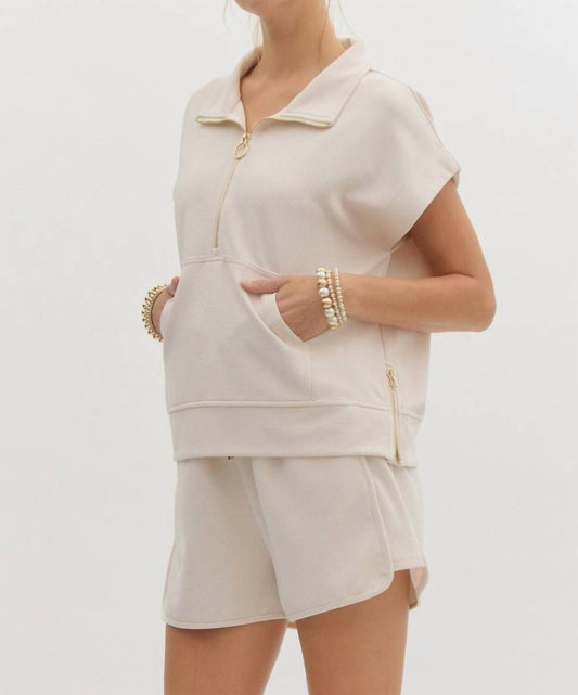 Entro - Solid Rib Textured Half Zip Top