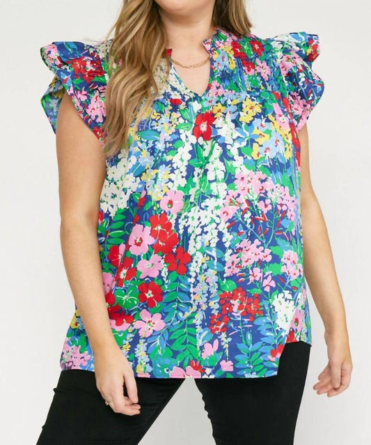 Entro - Floral Ruffle Sleeve Top - Plus