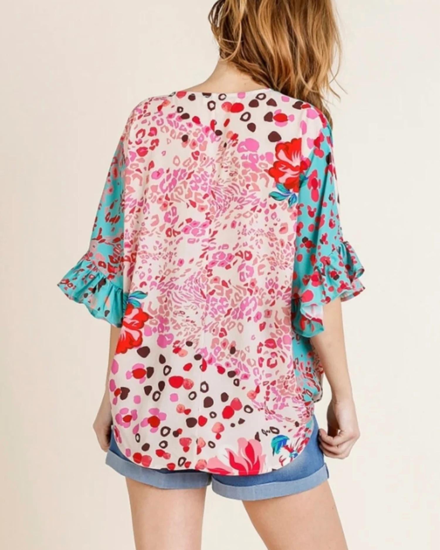 Umgee - Floral Animal Print Ruffle Top